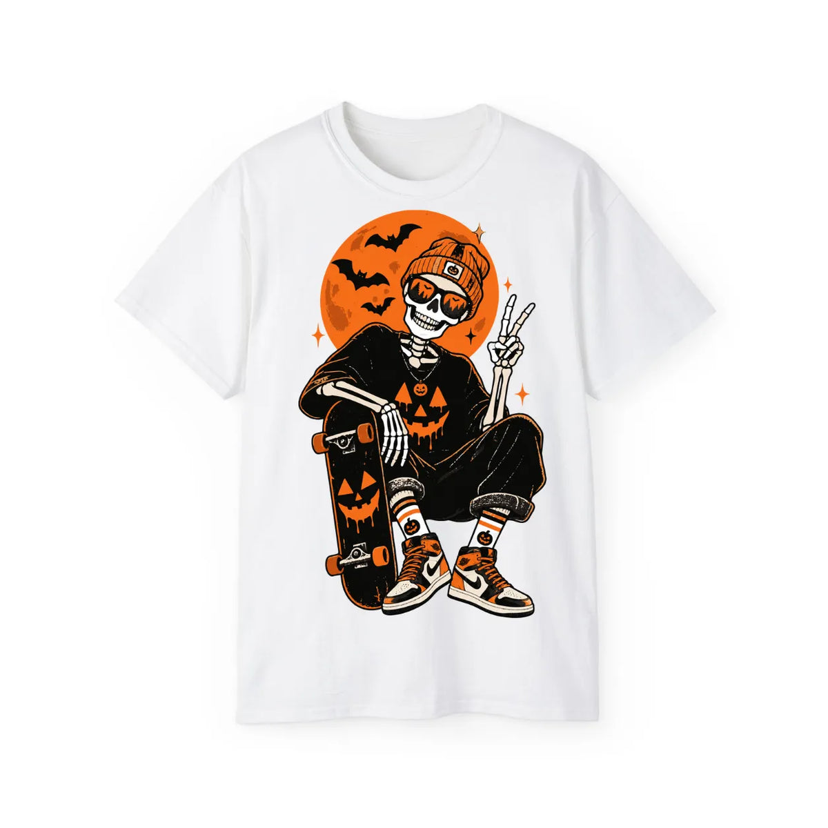 Retro Skater Skeleton Halloween T-Shirt – POD0020 image 3