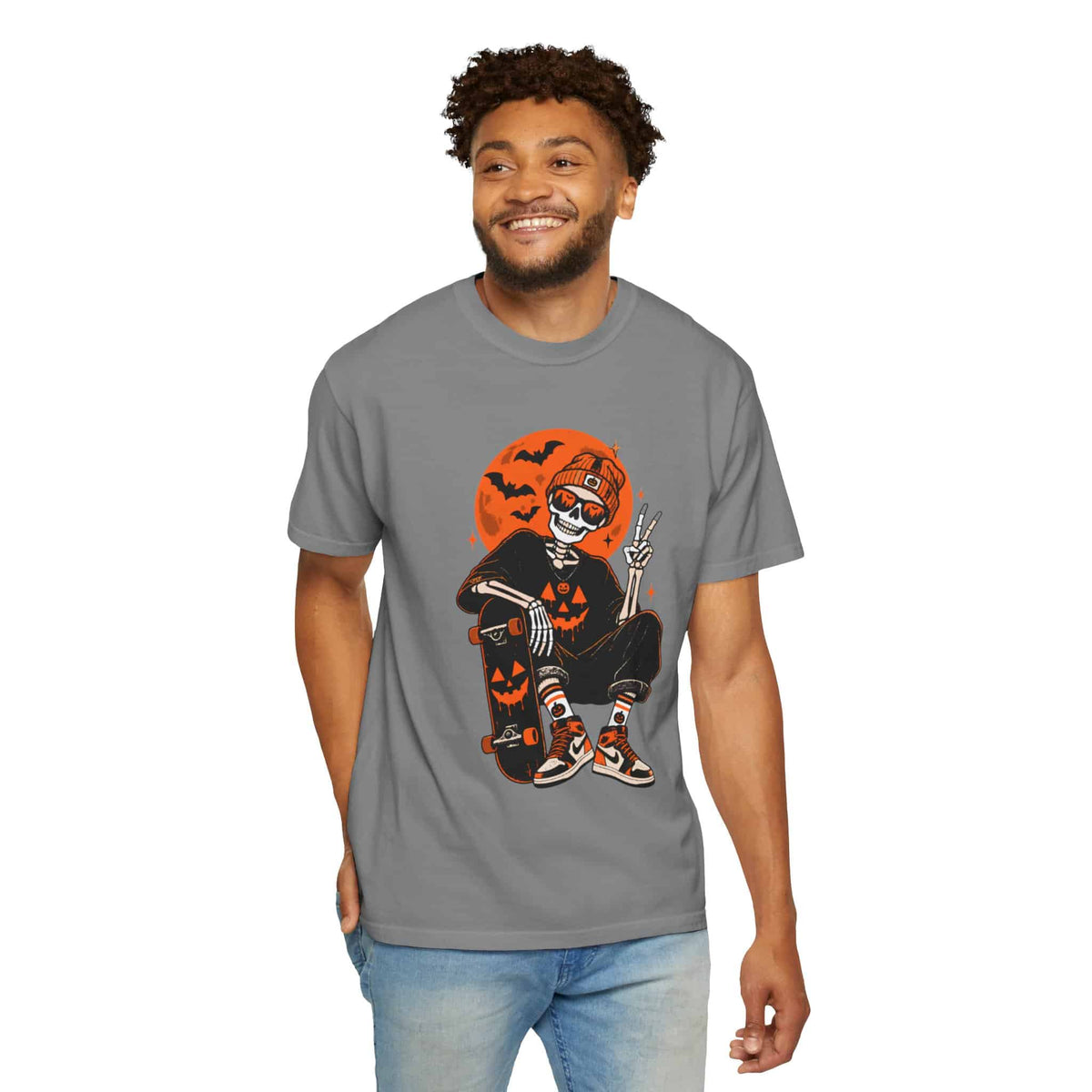 Retro Skater Skeleton Halloween Unisex Garment-Dyed T-shirt image 59
