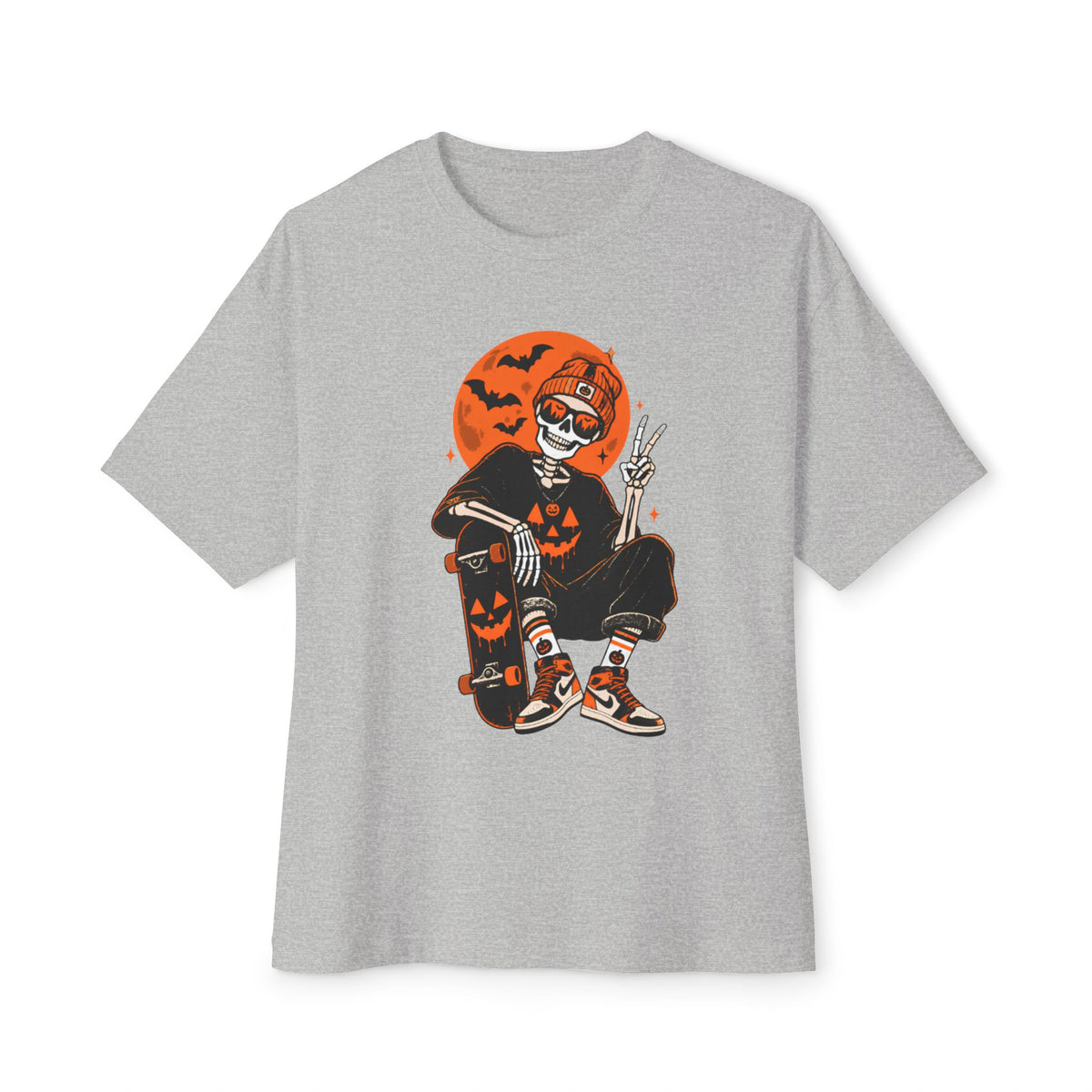 Retro Skater Skeleton Halloween Unisex Oversized Boxy Tee - Athletic Heather, 2XL image