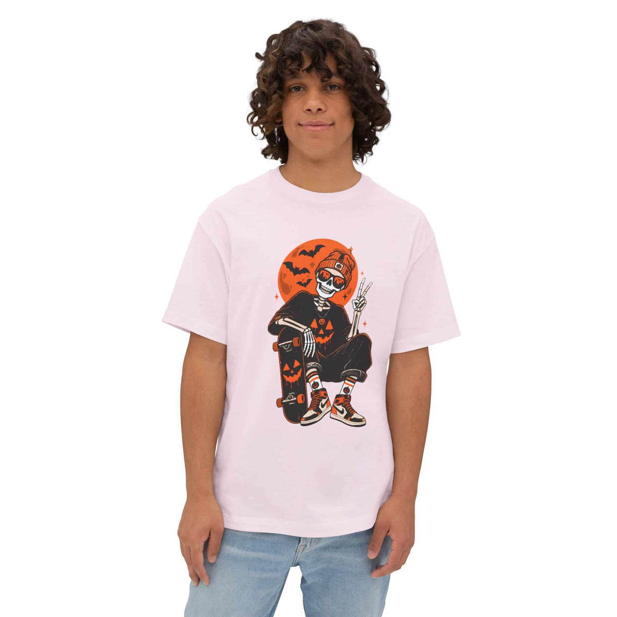 Retro Skater Skeleton Halloween Unisex Oversized Boxy Tee image 8