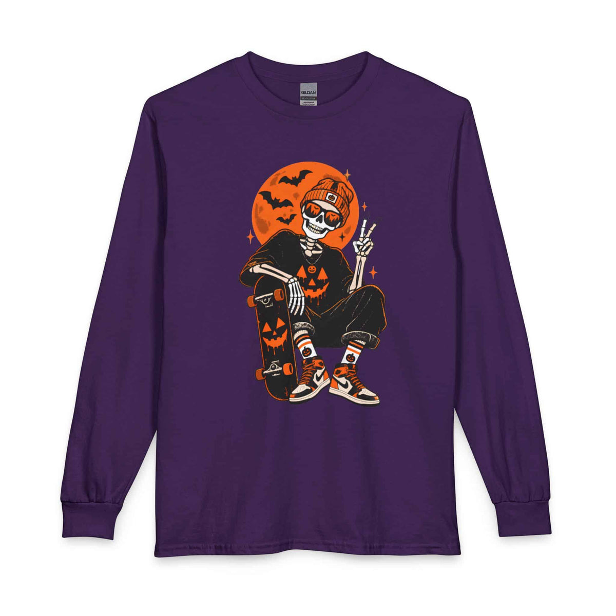 Retro Skater Skeleton Halloween Long Sleeve T-Shirt image