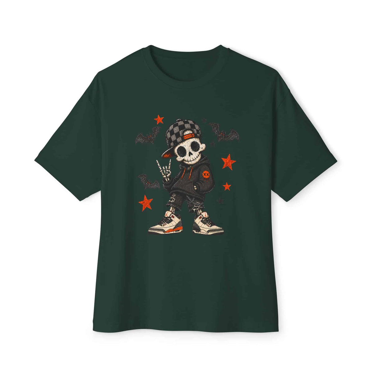 Boy Skeleton Halloween Unisex Oversized Boxy Tee - Forest, S image