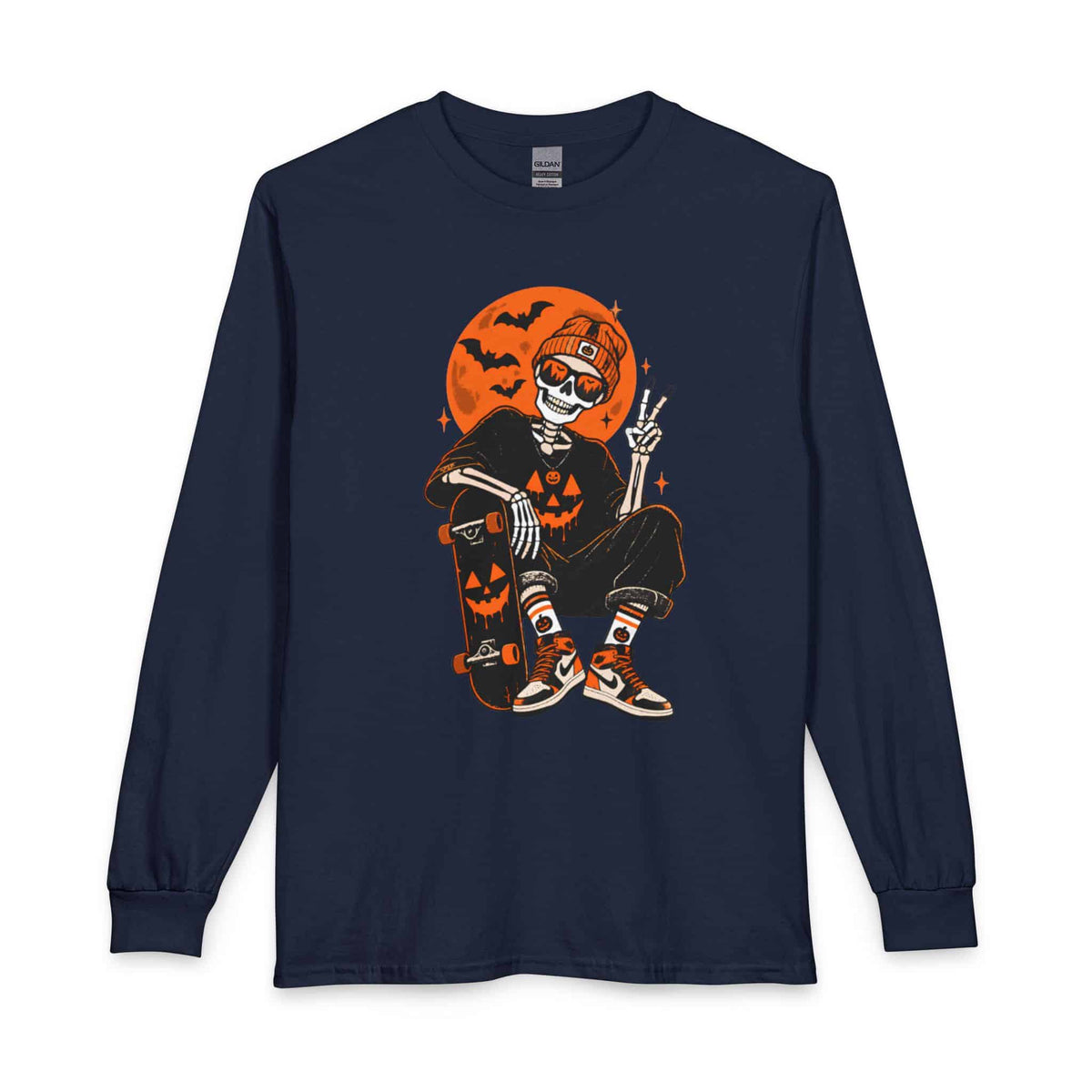 Retro Skater Skeleton Halloween Long Sleeve T-Shirt image