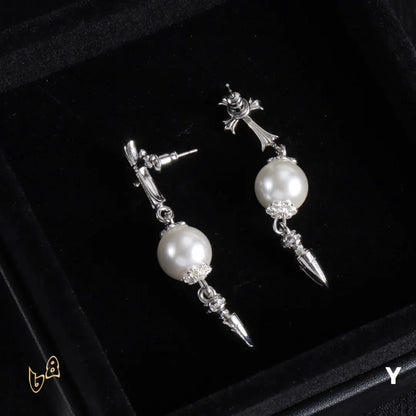 CH Cross Pearl Dangle Earrings - CH0167 - One Size image