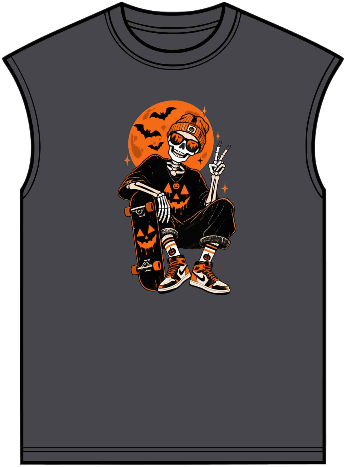Retro Skater Skeleton Halloween Unisex Garment-Dyed Muscle Tee image