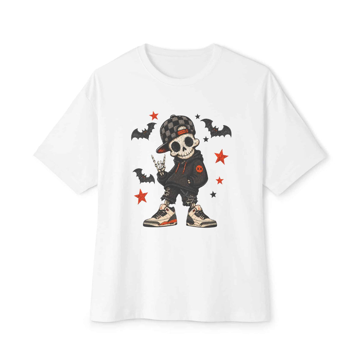 Boy Skeleton Halloween Unisex Oversized Boxy Tee - White, XL image