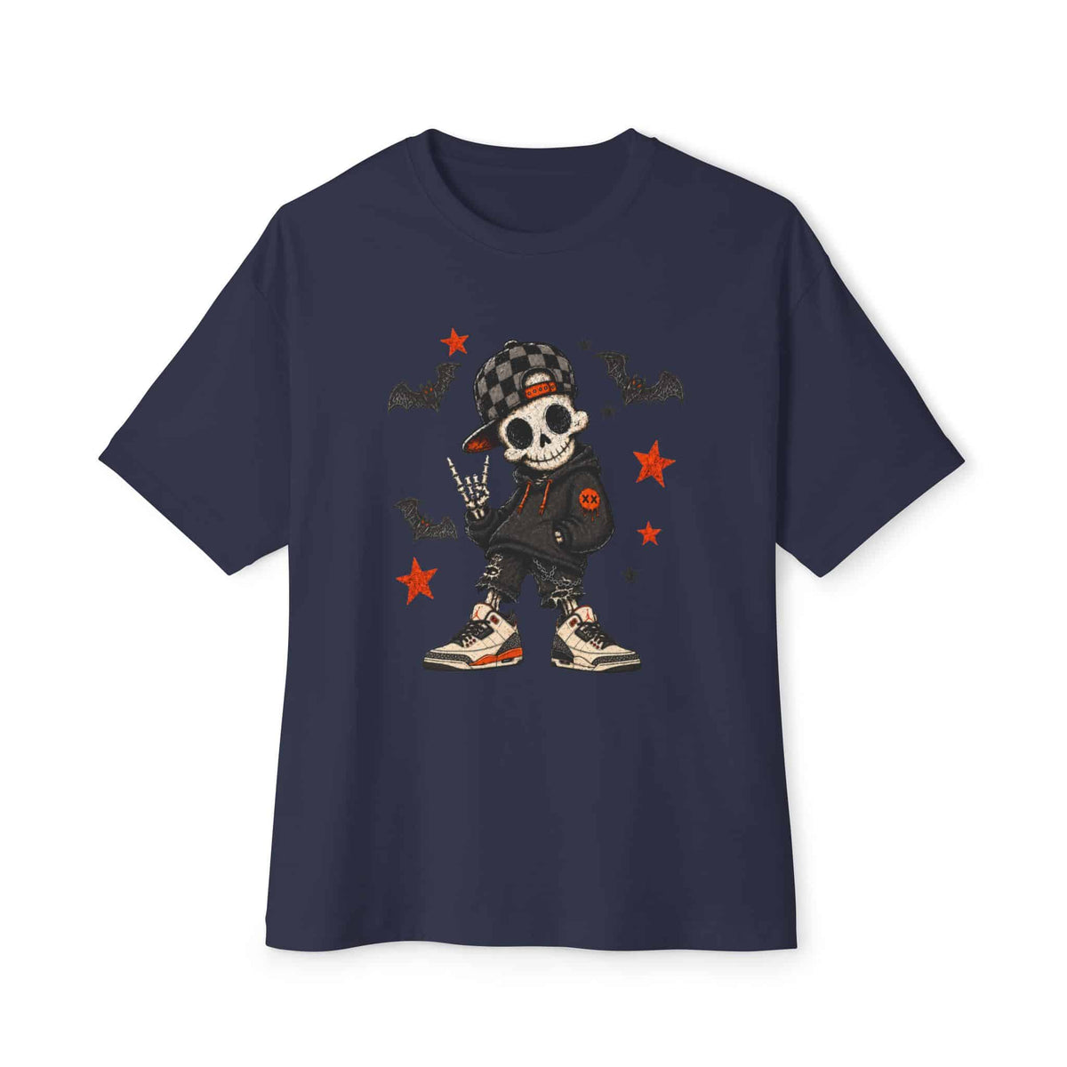 Boy Skeleton Halloween Unisex Oversized Boxy Tee - Navy, L image