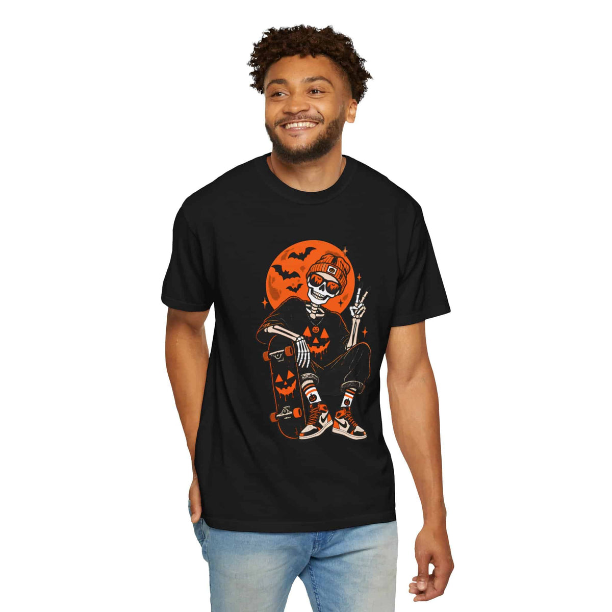 Retro Skater Skeleton Halloween Unisex Garment-Dyed T-shirt image 5
