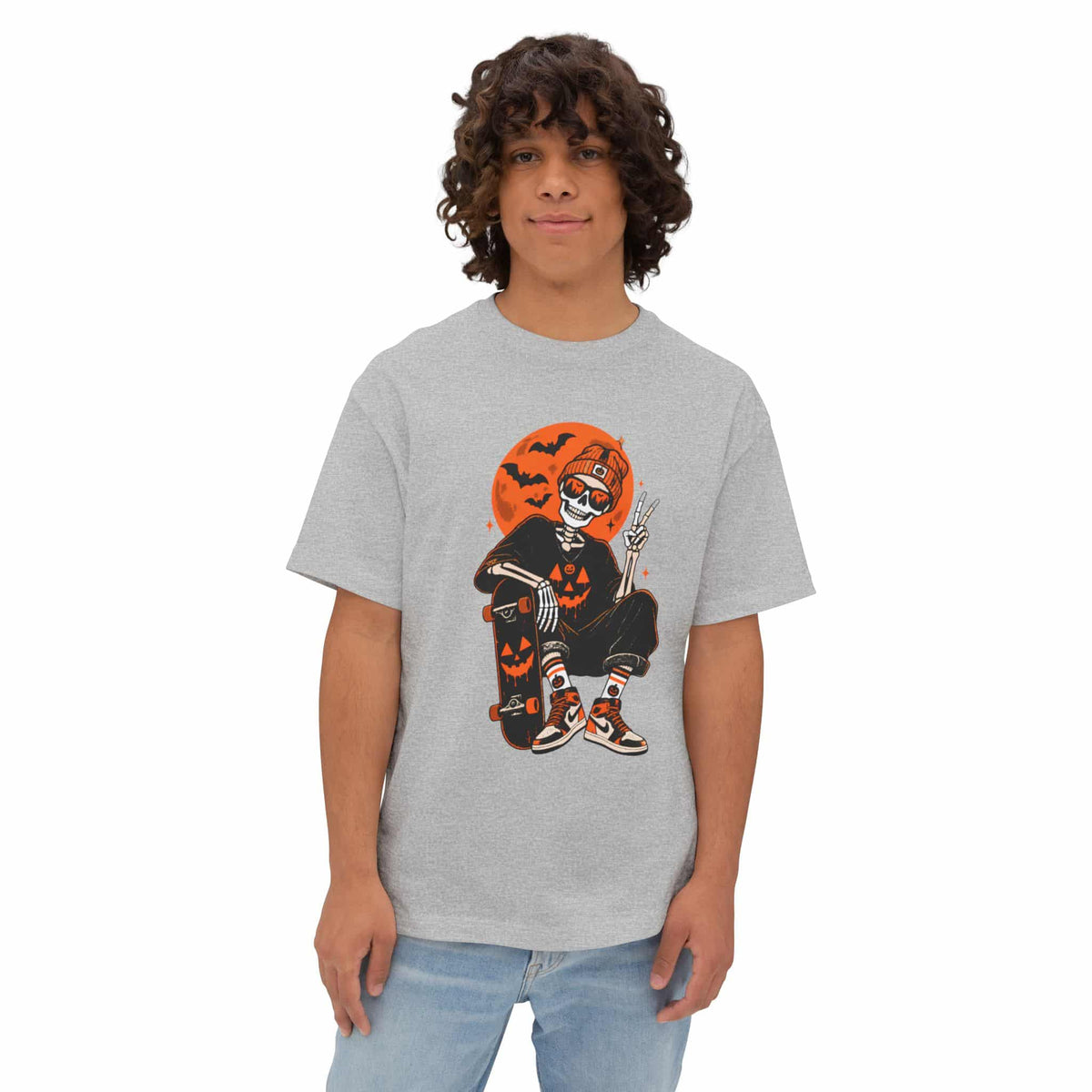 Retro Skater Skeleton Halloween Unisex Oversized Boxy Tee image 28