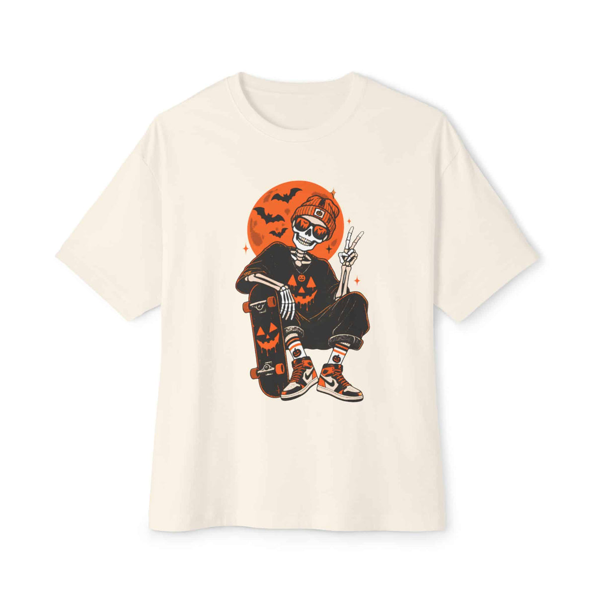 Retro Skater Skeleton Halloween Unisex Oversized Boxy Tee - Natural, S image