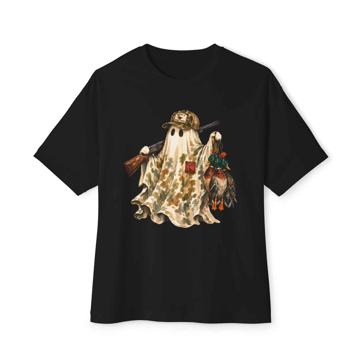 Hunting Season Spooky Camo Mallards Unisex Oversized Boxy Tee - Black, XL image