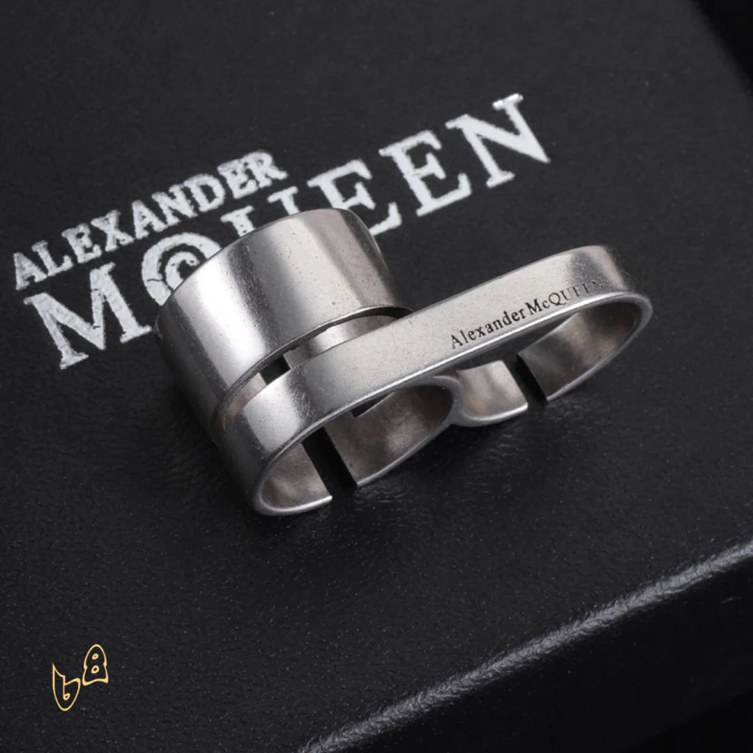 McQueen Double Logo-Engraved Antiqued Ring - MCQ0013 - Gold image