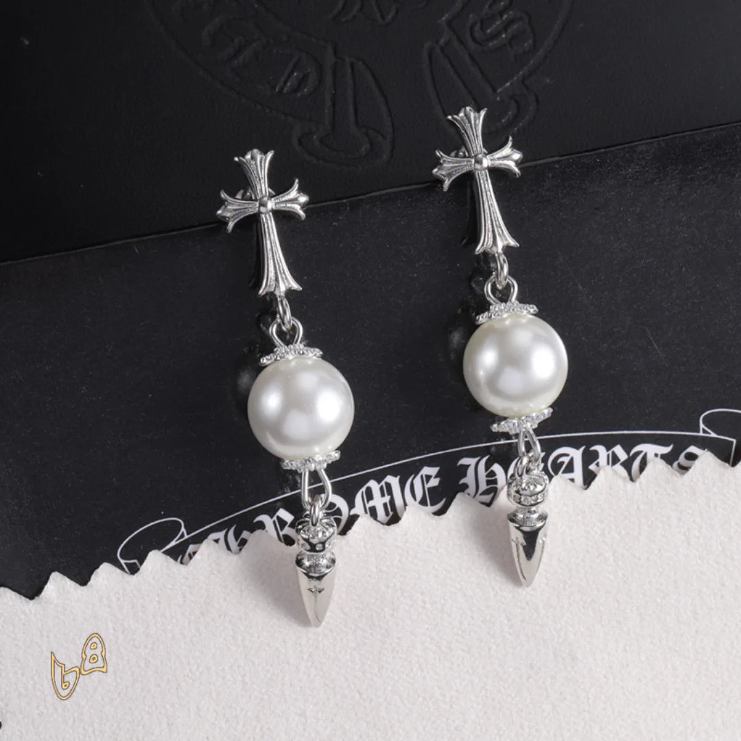 CH Cross Pearl Dangle Earrings - CH0167 image 1