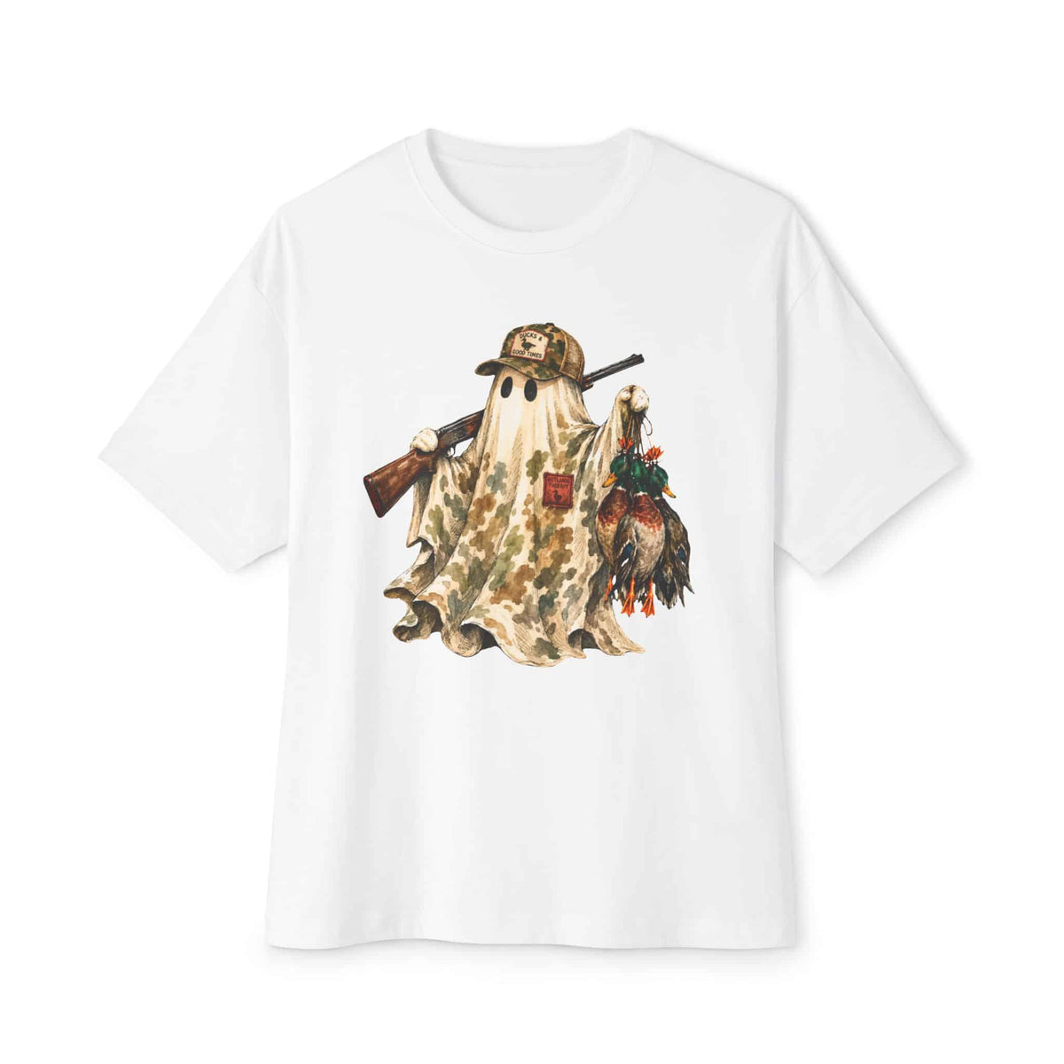 Hunting Season Spooky Camo Mallards Unisex Oversized Boxy Tee - White, M image