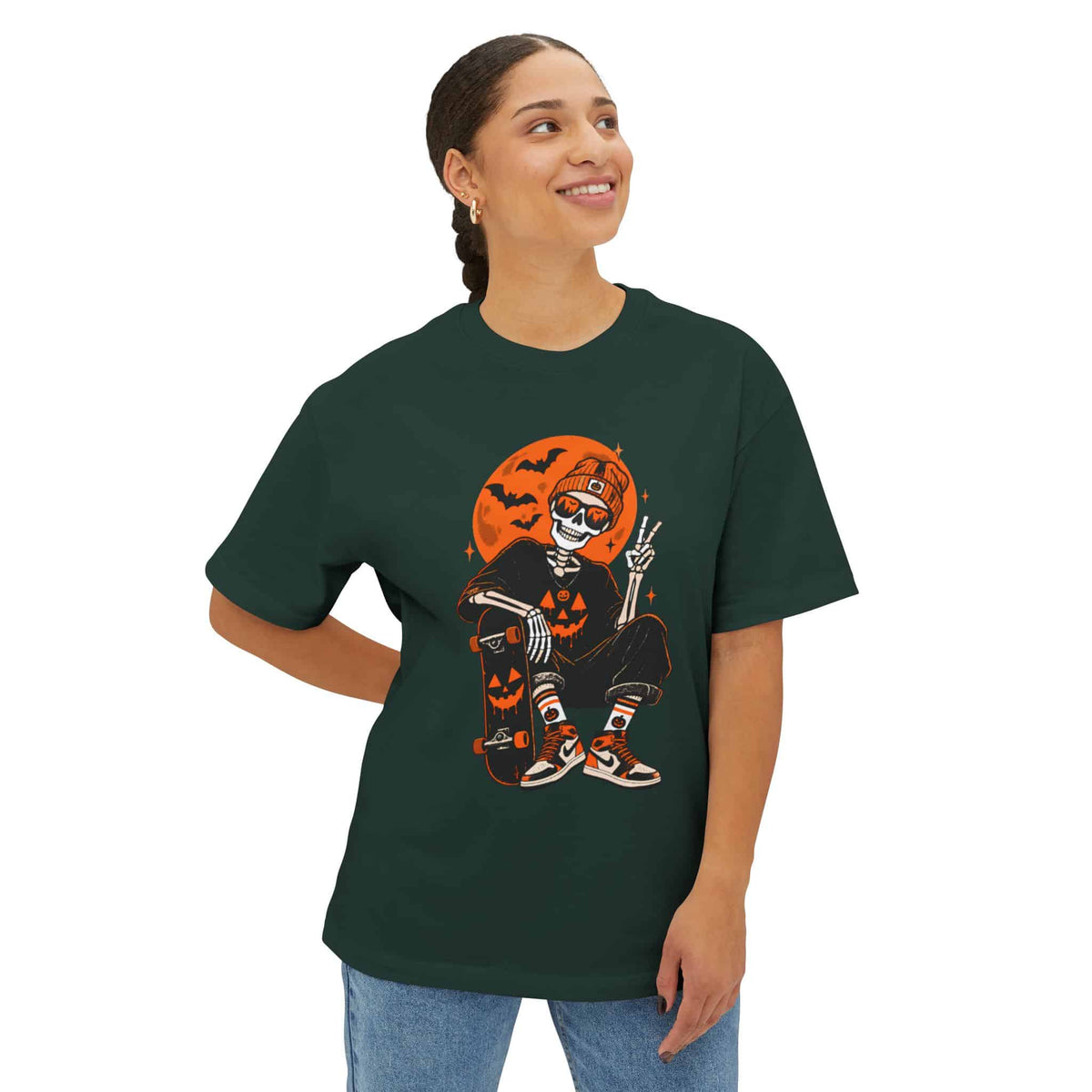 Retro Skater Skeleton Halloween Unisex Oversized Boxy Tee image 22