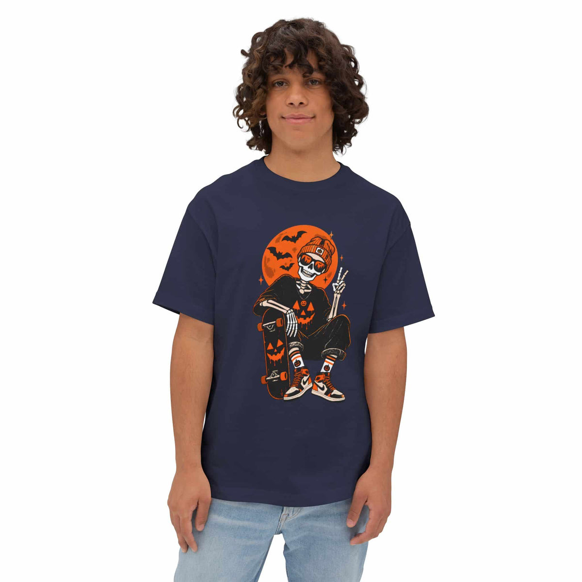 Retro Skater Skeleton Halloween Unisex Oversized Boxy Tee image 33