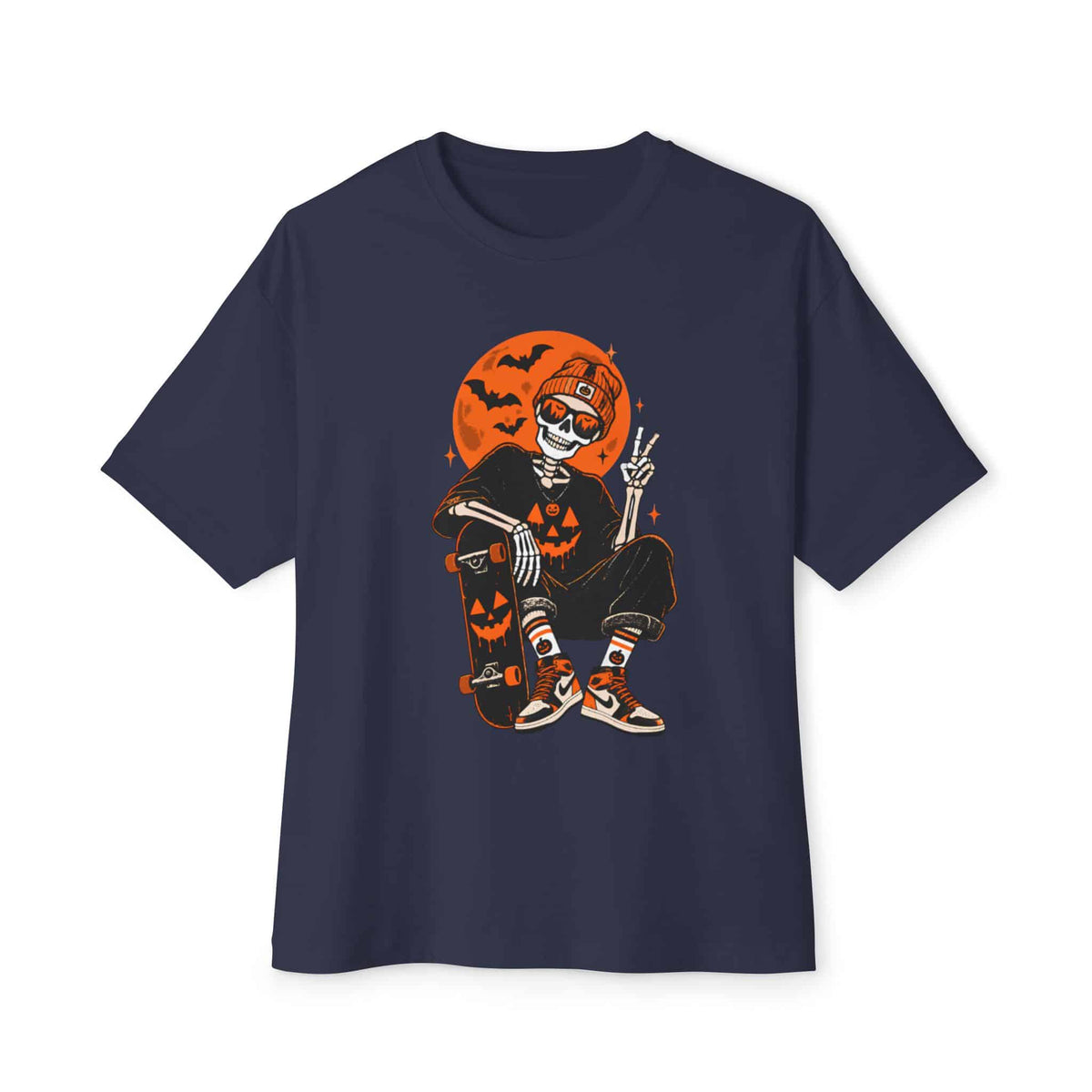 Retro Skater Skeleton Halloween Unisex Oversized Boxy Tee - Navy, 3XL image