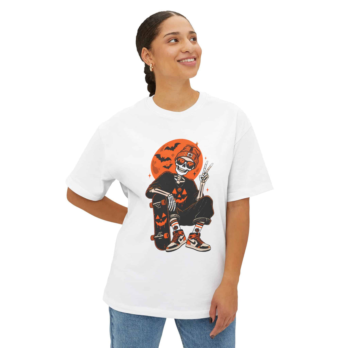 Retro Skater Skeleton Halloween Unisex Oversized Boxy Tee image 37