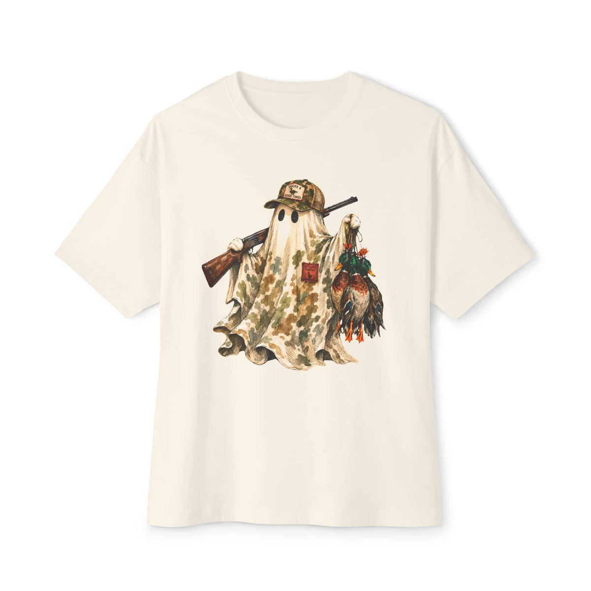 Hunting Season Spooky Camo Mallards Unisex Oversized Boxy Tee - Natural, L image