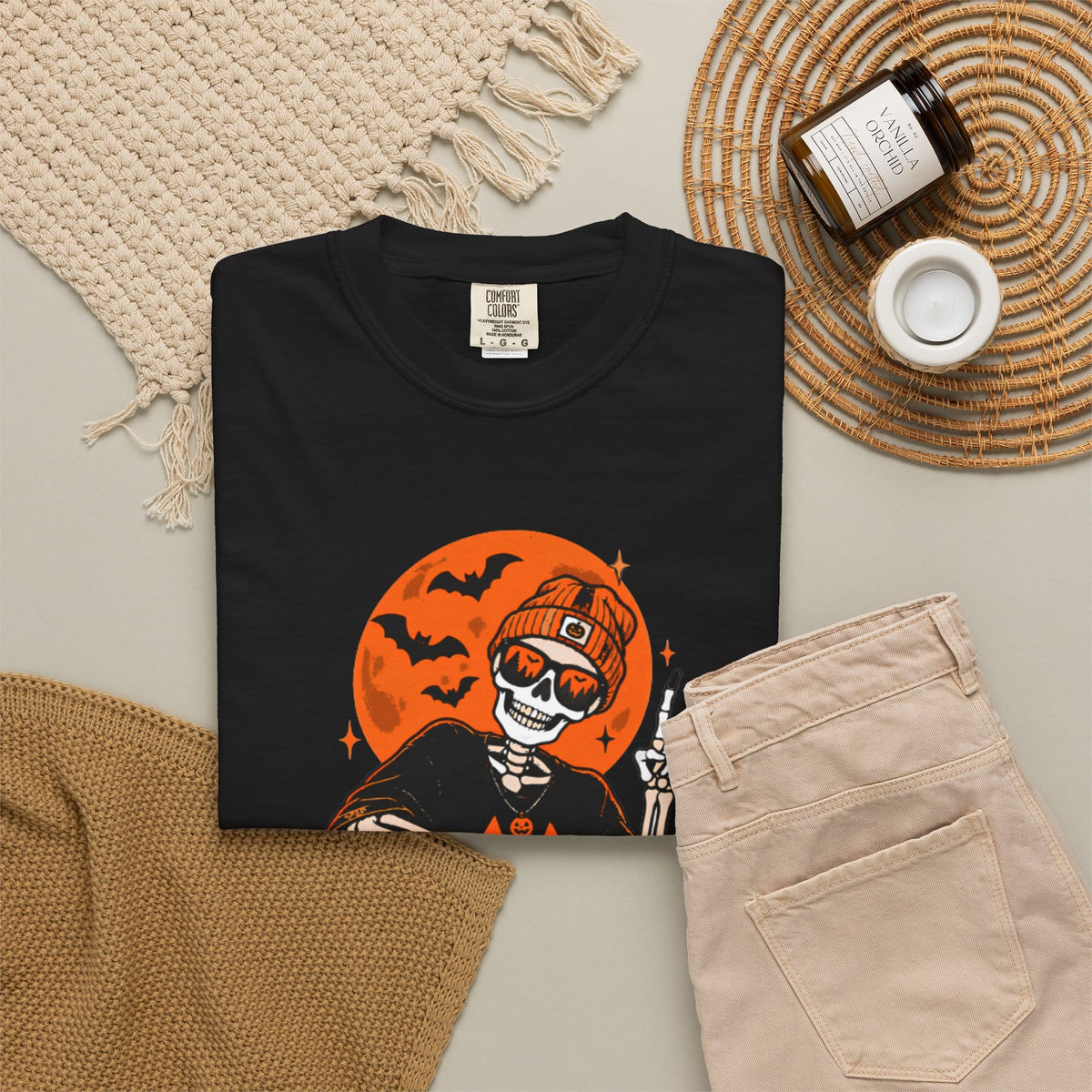 Retro Skater Skeleton Halloween Unisex Garment-Dyed T-shirt image 3
