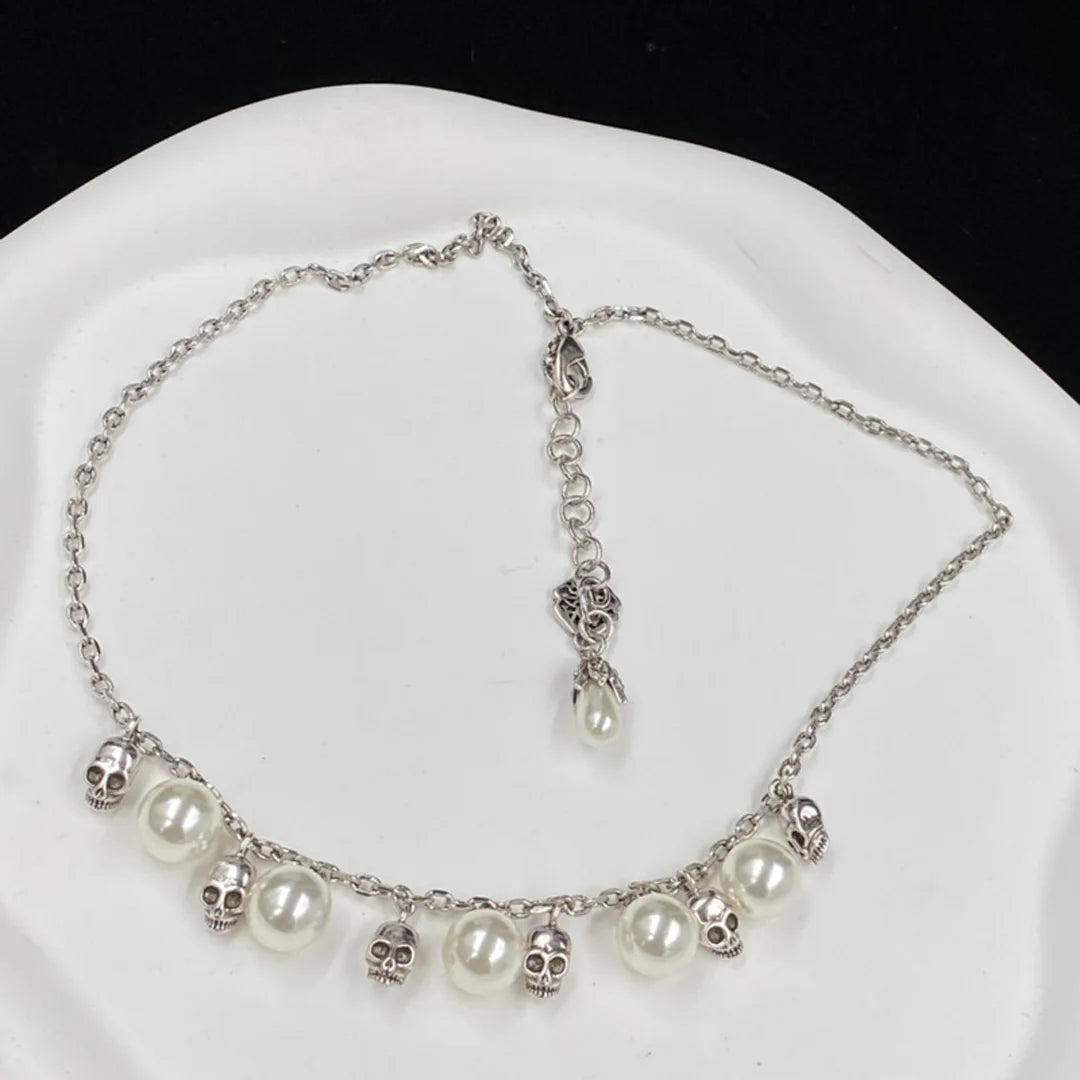 McQueen Skull Pearl Pendant Necklace - MC0009 - Silver image