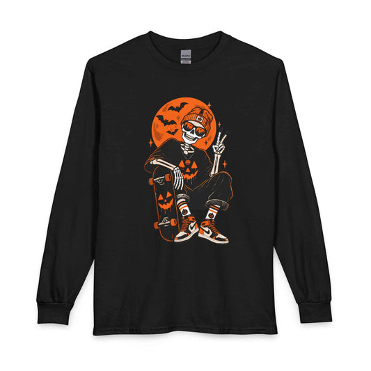 Retro Skater Skeleton Halloween Long Sleeve T-Shirt image 0