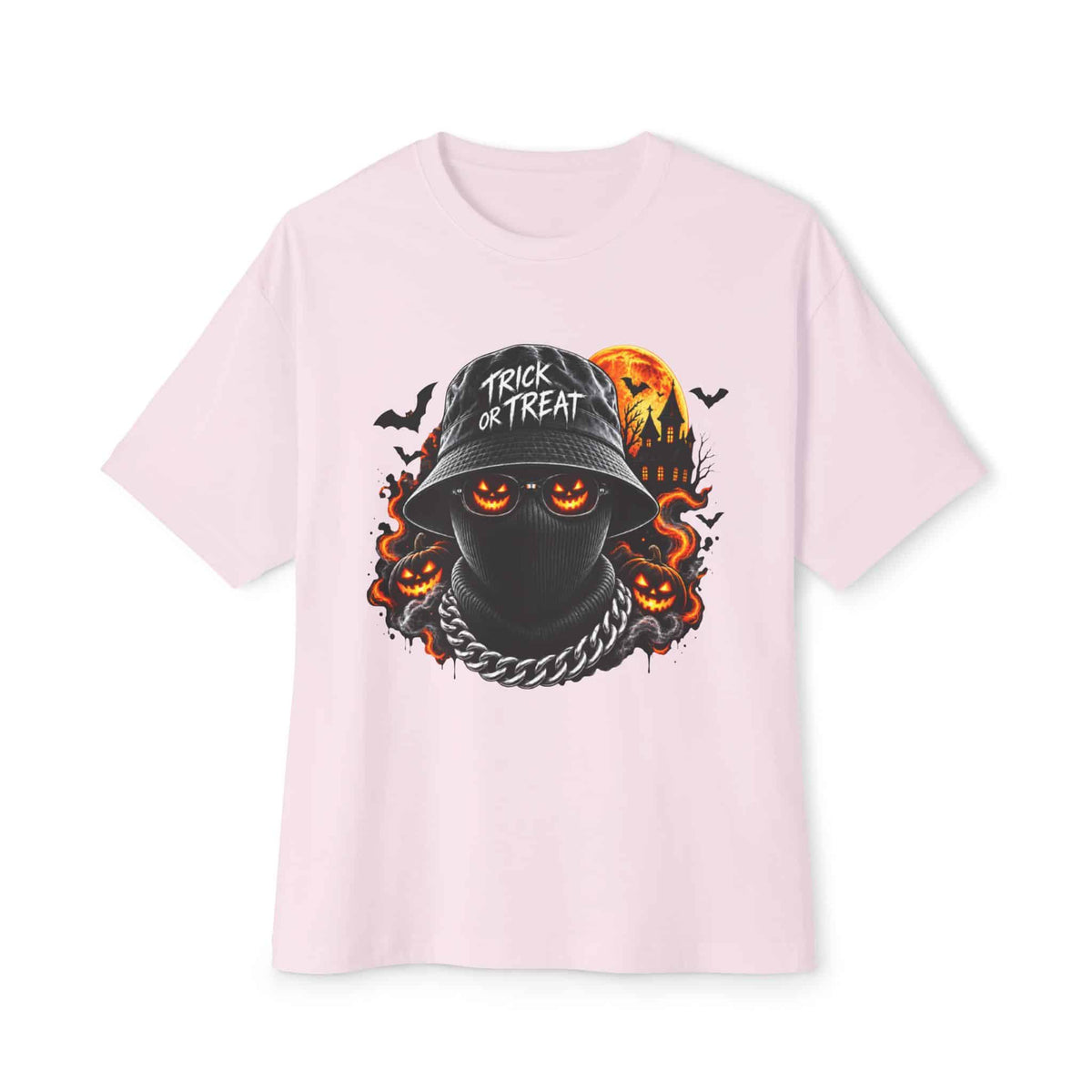 Spooky Streetwear Masked Unisex Oversized Boxy Tee - Soft Pink, XL image