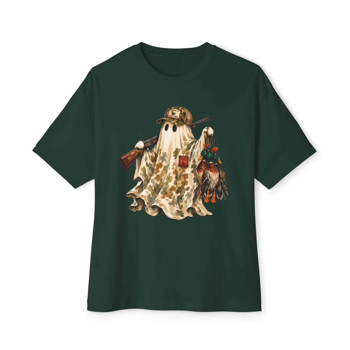 Hunting Season Spooky Camo Mallards Unisex Oversized Boxy Tee - Forest, S image