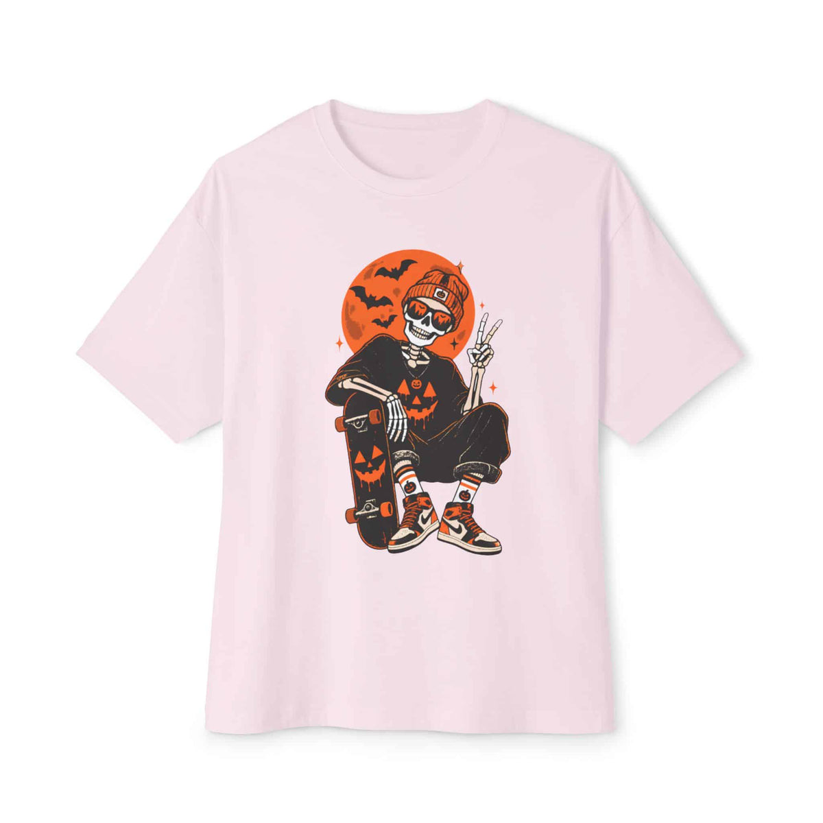 Retro Skater Skeleton Halloween Unisex Oversized Boxy Tee - Soft Pink, XL image