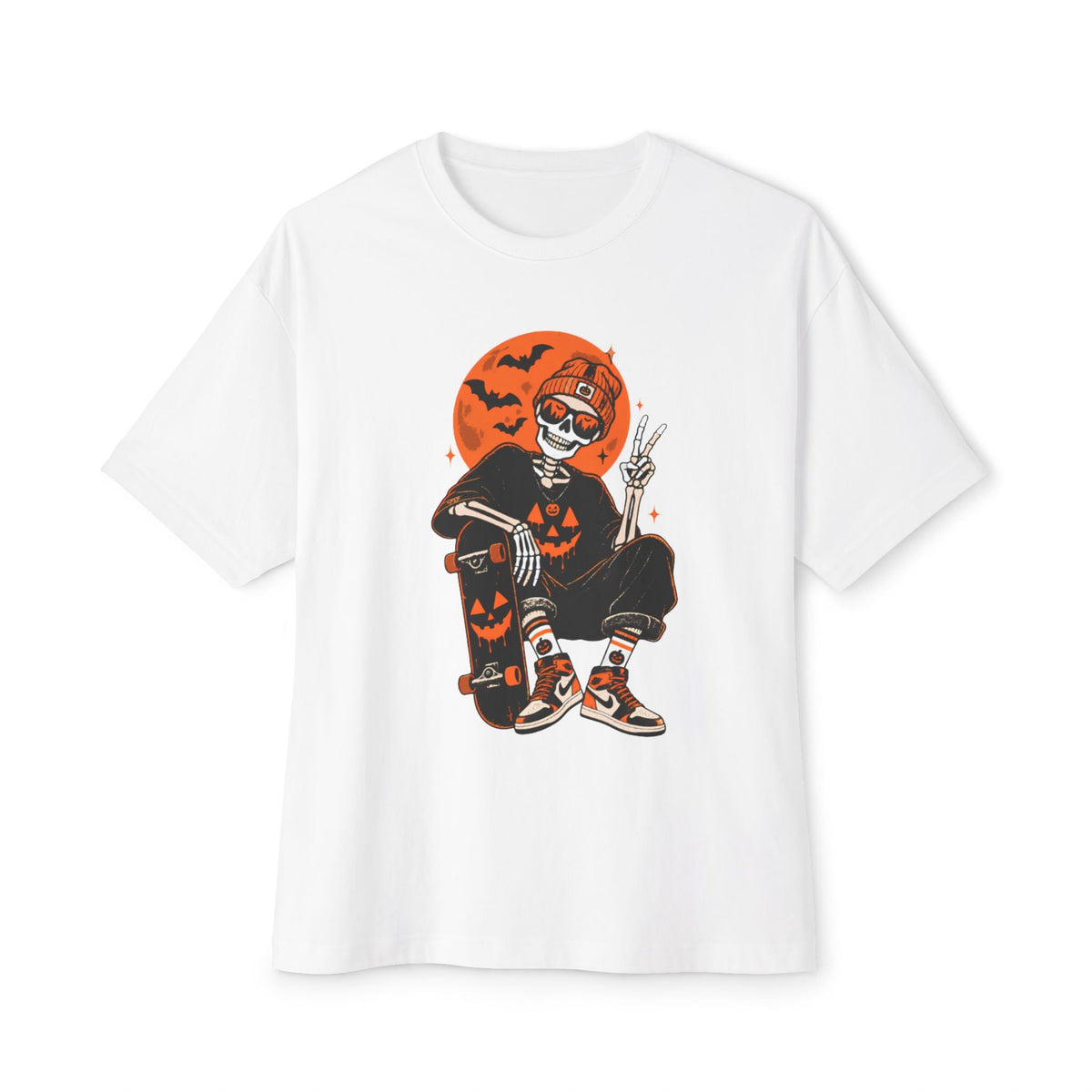 Retro Skater Skeleton Halloween Unisex Oversized Boxy Tee - White, L image