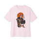 Retro Skater Skeleton Halloween Unisex Oversized Boxy Tee - Soft Pink, XS image