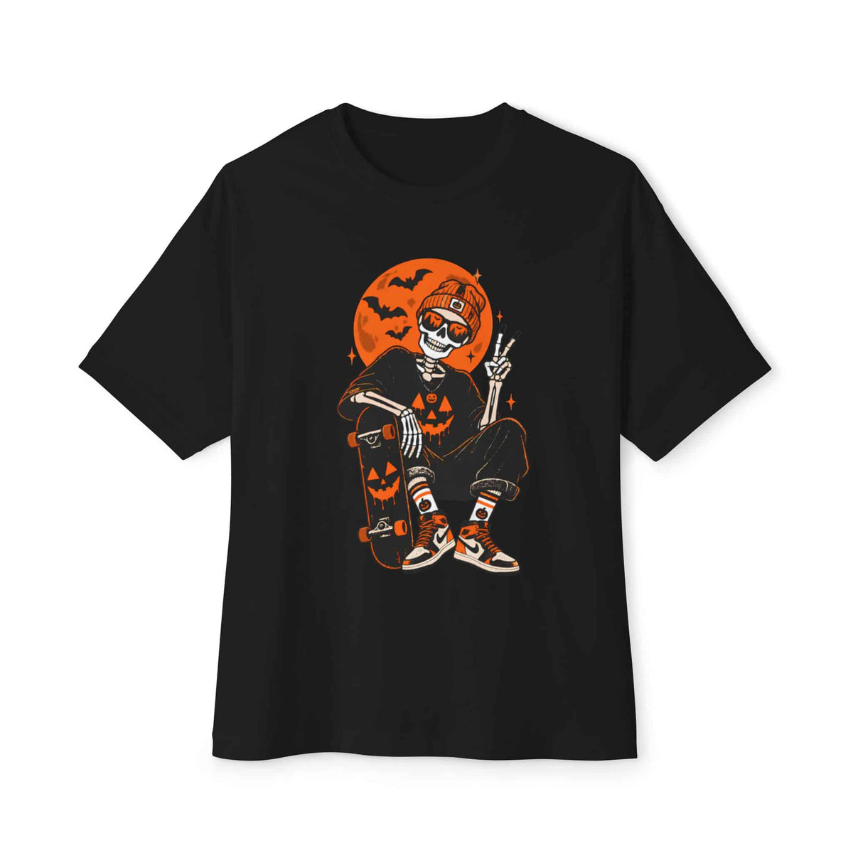 Retro Skater Skeleton Halloween Unisex Oversized Boxy Tee - Black, XS image