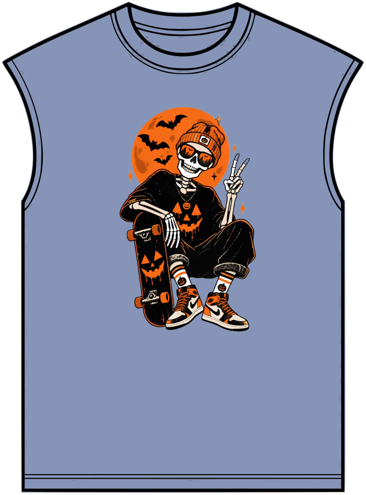Retro Skater Skeleton Halloween Unisex Garment-Dyed Muscle Tee image