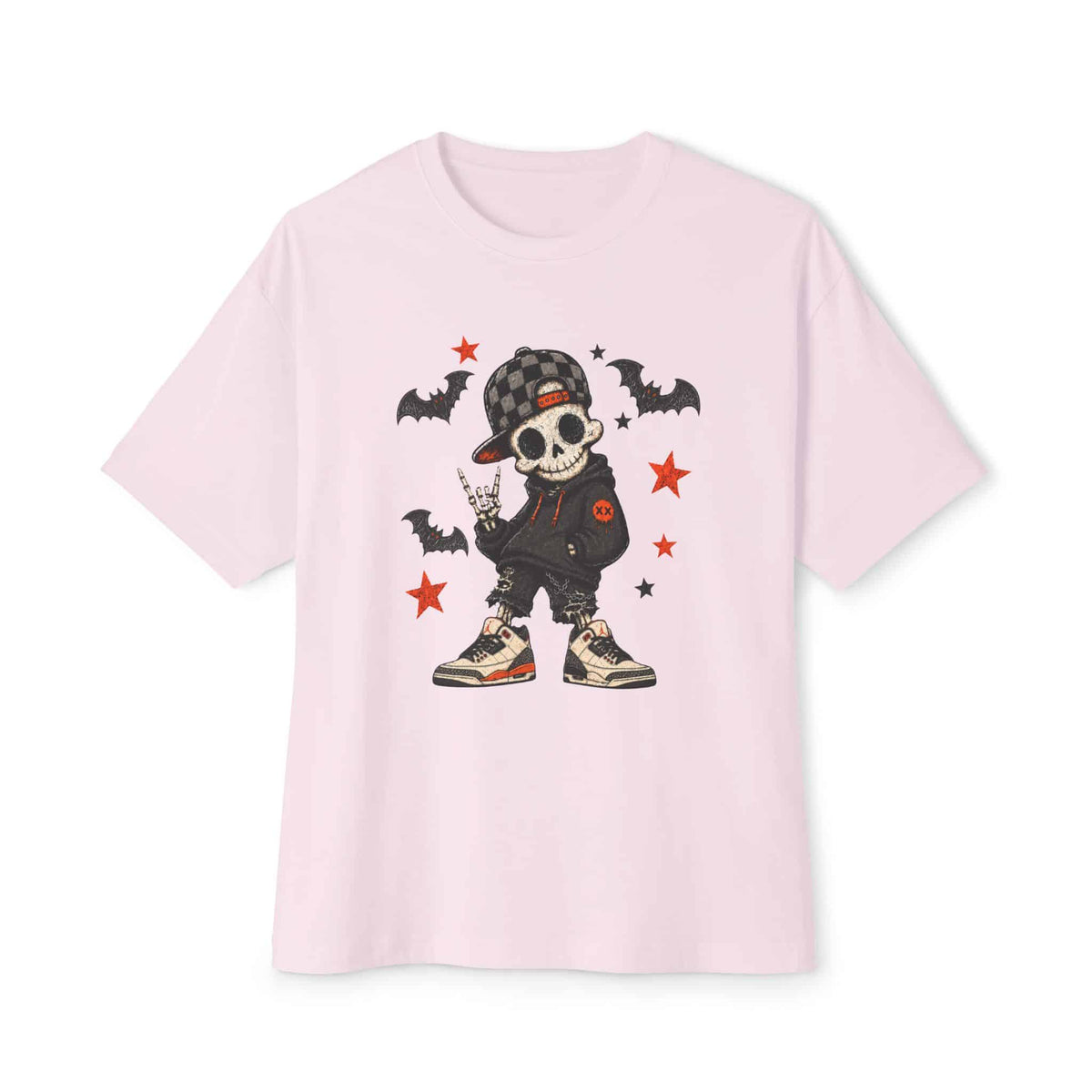Boy Skeleton Halloween Unisex Oversized Boxy Tee - Soft Pink, XL image