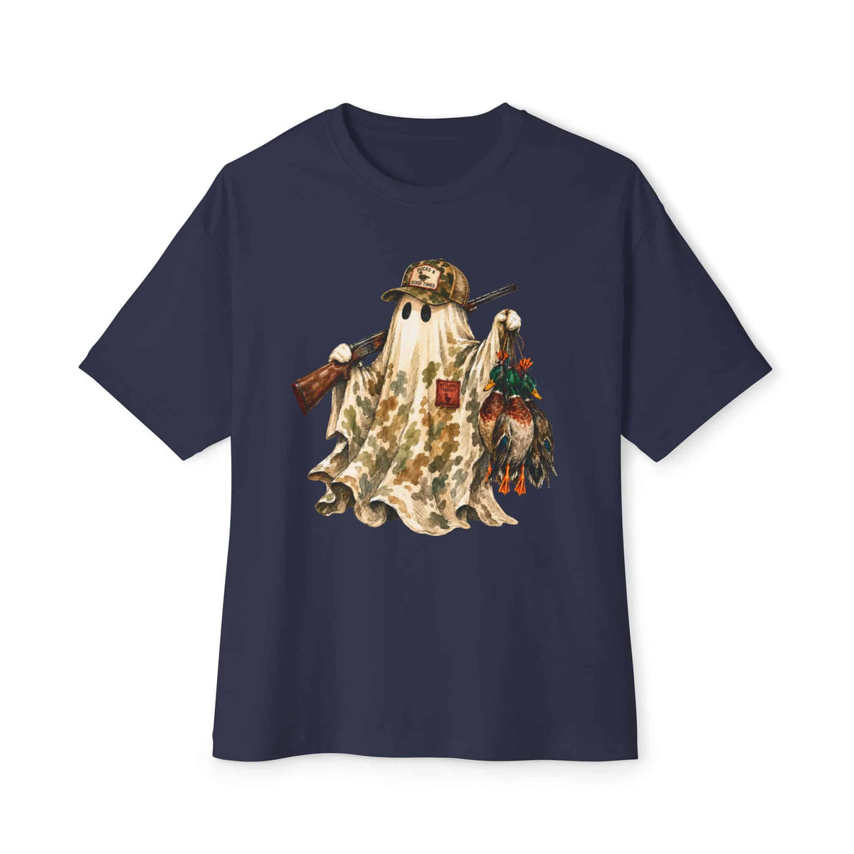 Hunting Season Spooky Camo Mallards Unisex Oversized Boxy Tee - Navy, S image