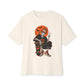 Retro Skater Skeleton Halloween Unisex Oversized Boxy Tee - Natural, M image