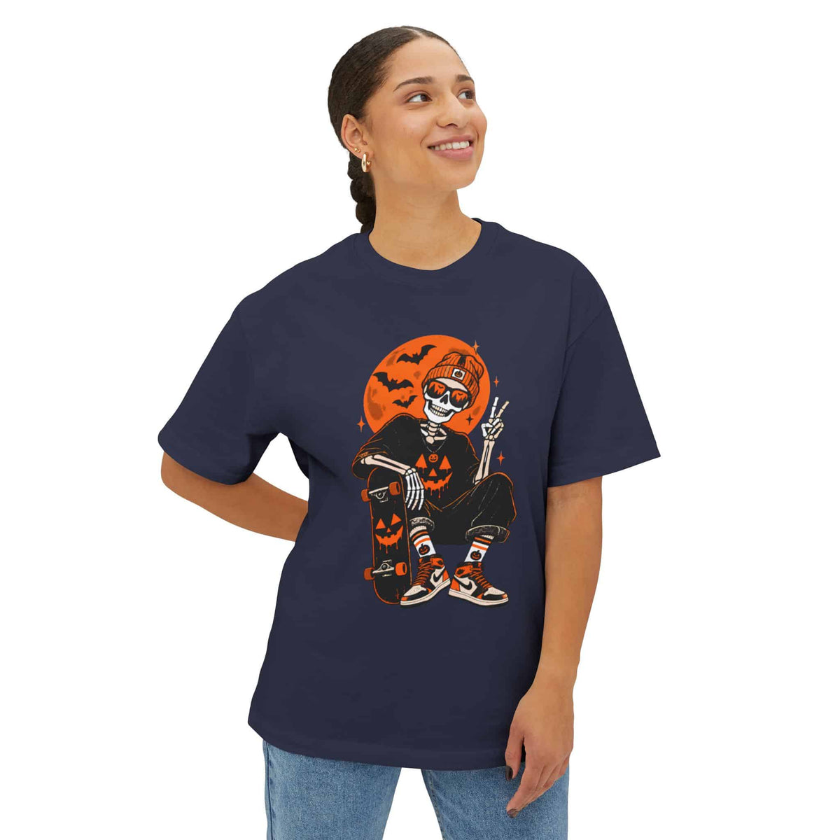 Retro Skater Skeleton Halloween Unisex Oversized Boxy Tee image 32