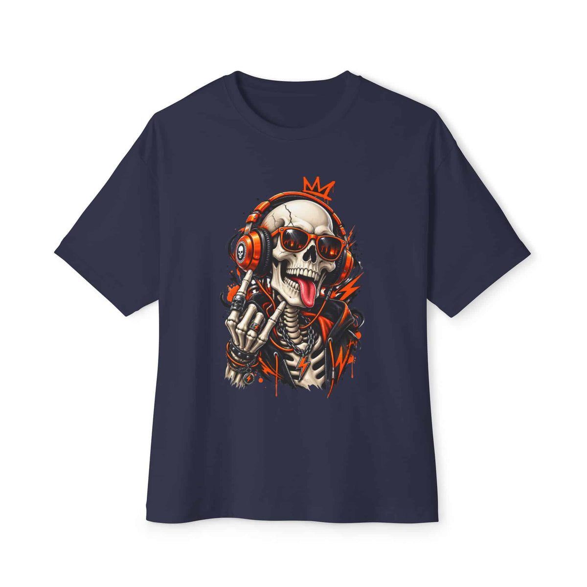 Neon Skull DJ Unisex Oversized Boxy Tee - Navy, 3XL image