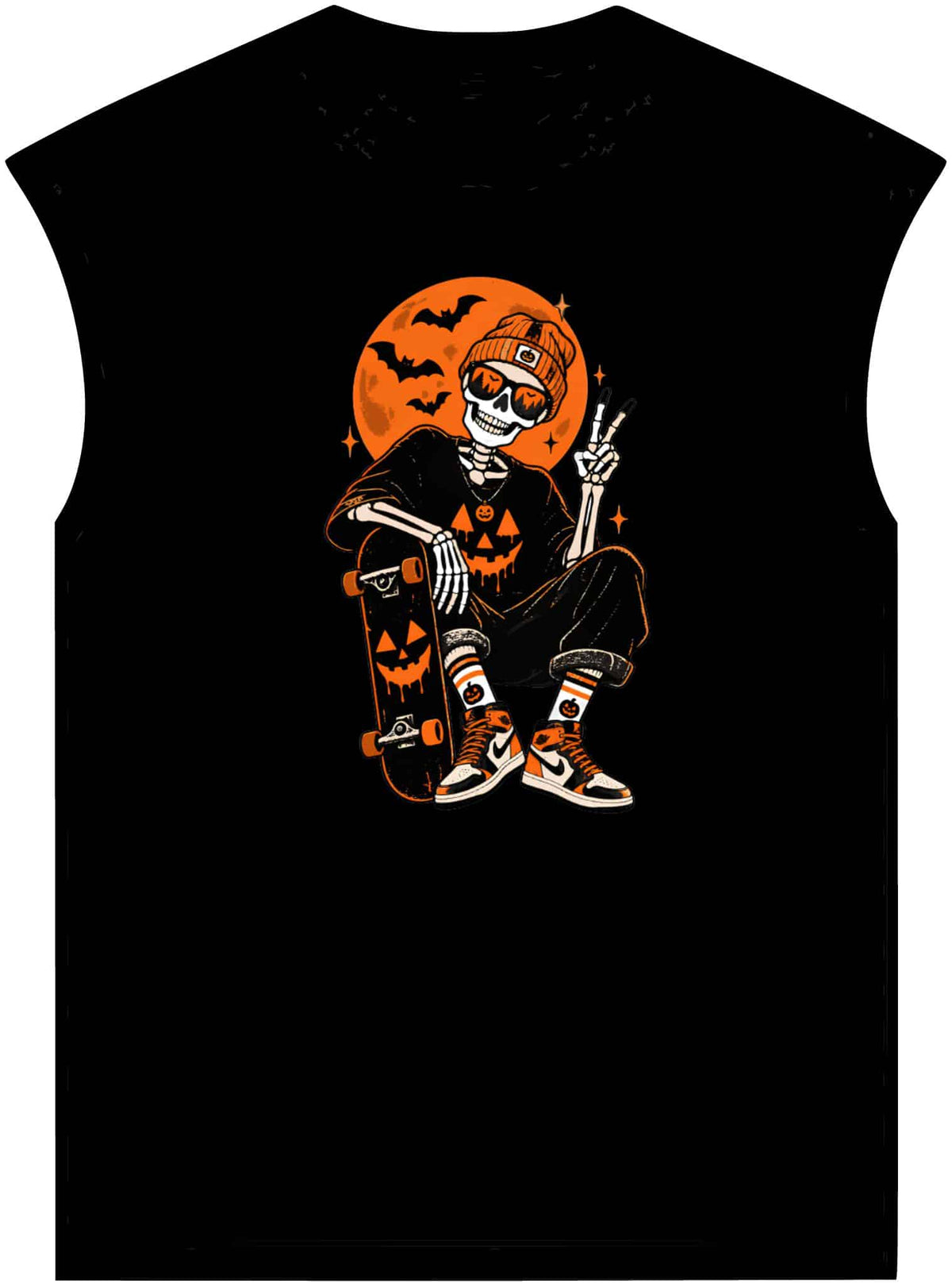 Retro Skater Skeleton Halloween Unisex Garment-Dyed Muscle Tee image