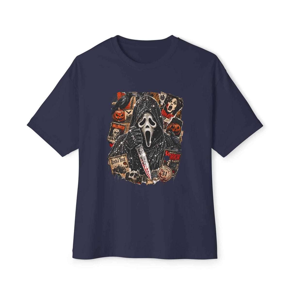 Halloween Horror Unisex Oversized Boxy Tee - Navy, M image