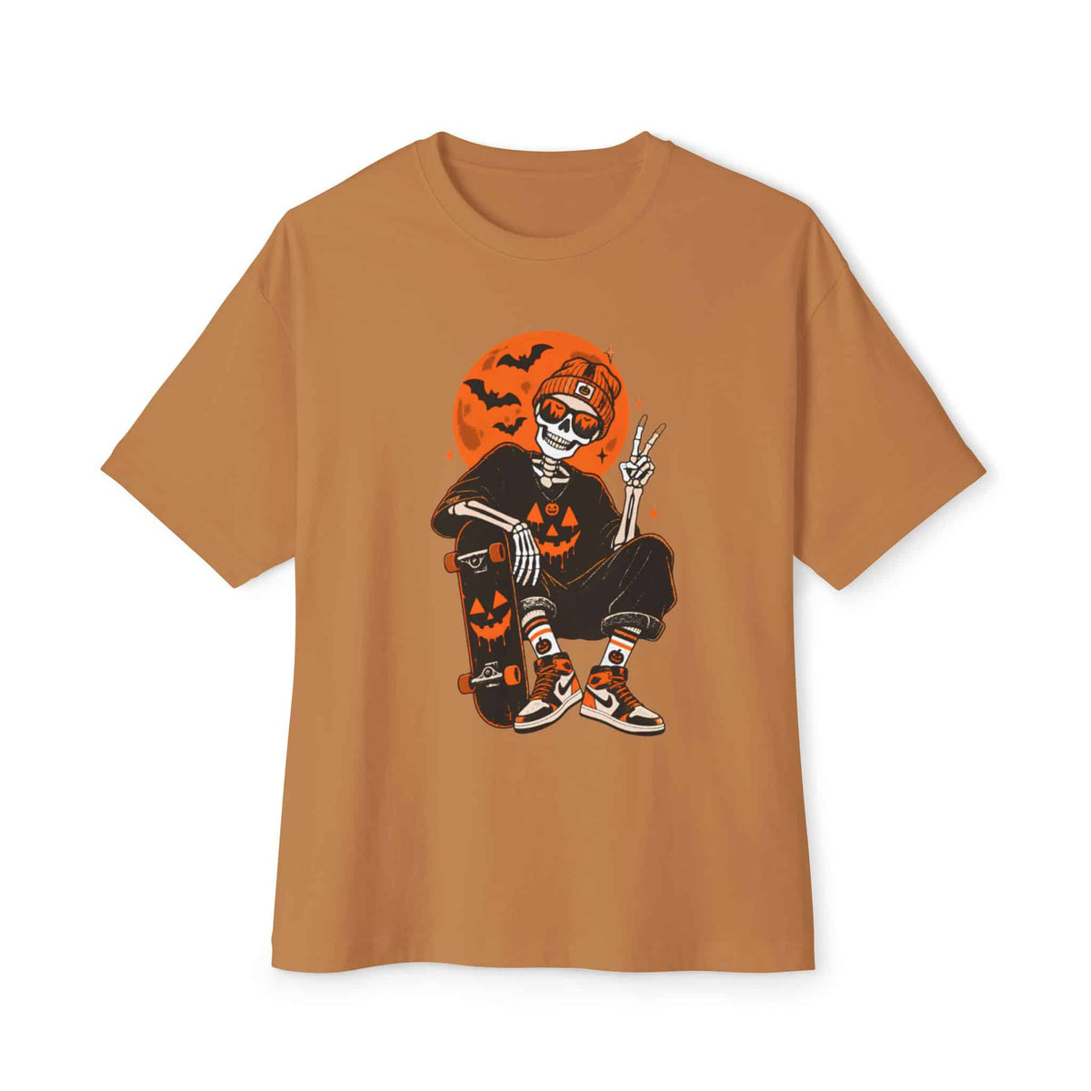 Retro Skater Skeleton Halloween Unisex Oversized Boxy Tee - Toast, 2XL image