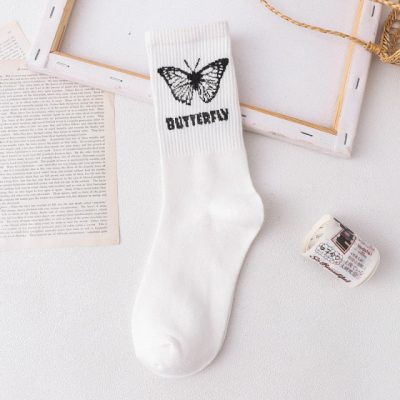 Men Socks Cotton Cartoon Pattern - white one butterfly