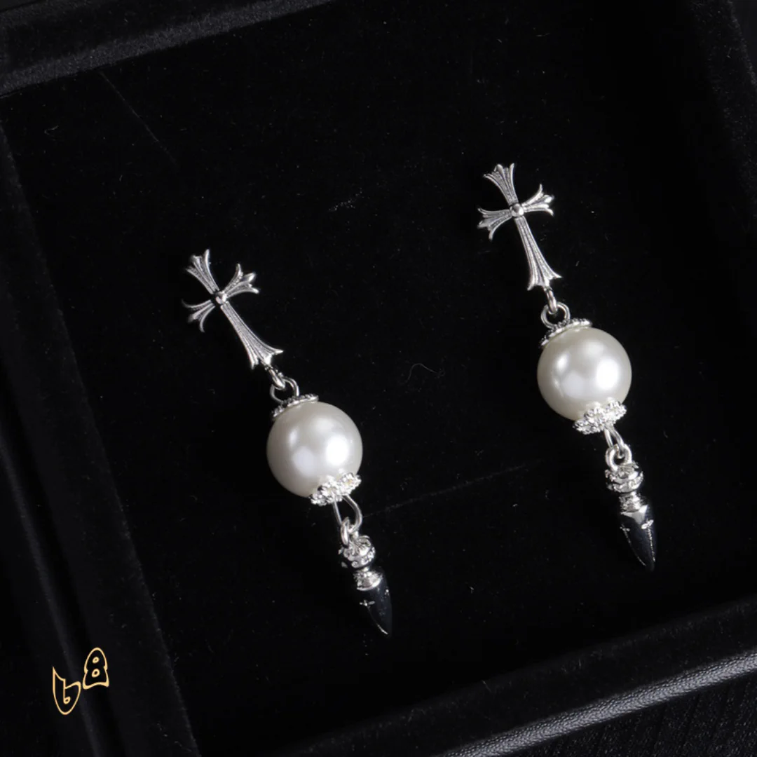 CH Cross Pearl Dangle Earrings - CH0167 - Image 6