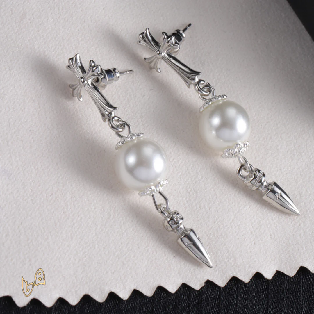 CH Cross Pearl Dangle Earrings - CH0167 - Image 4