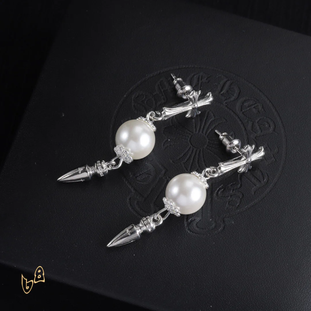 CH Cross Pearl Dangle Earrings - CH0167 - Image 3