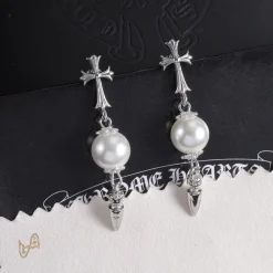 Alternative view of CH Cross Pearl Dangle Earrings - CH0167