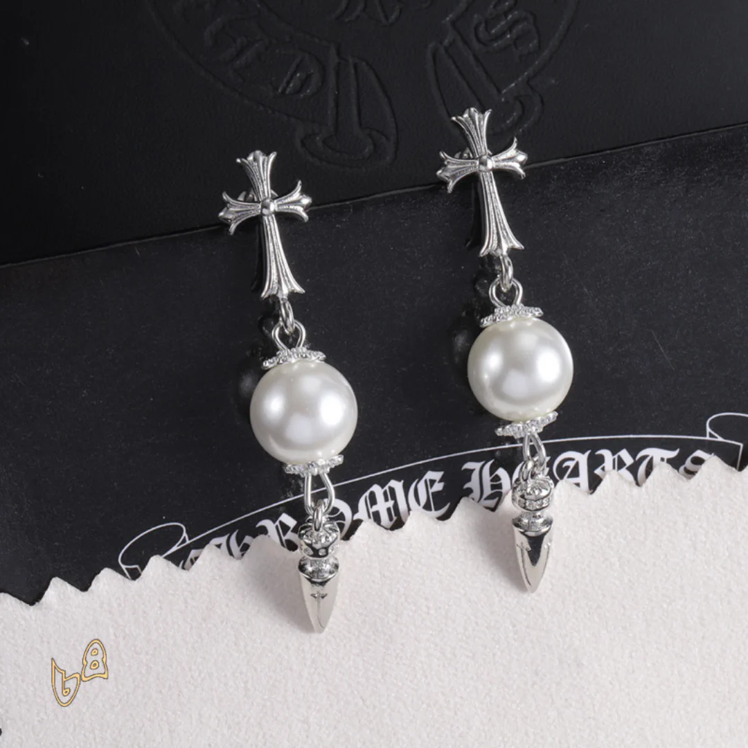 CH Cross Pearl Dangle Earrings - CH0167 - Image 2