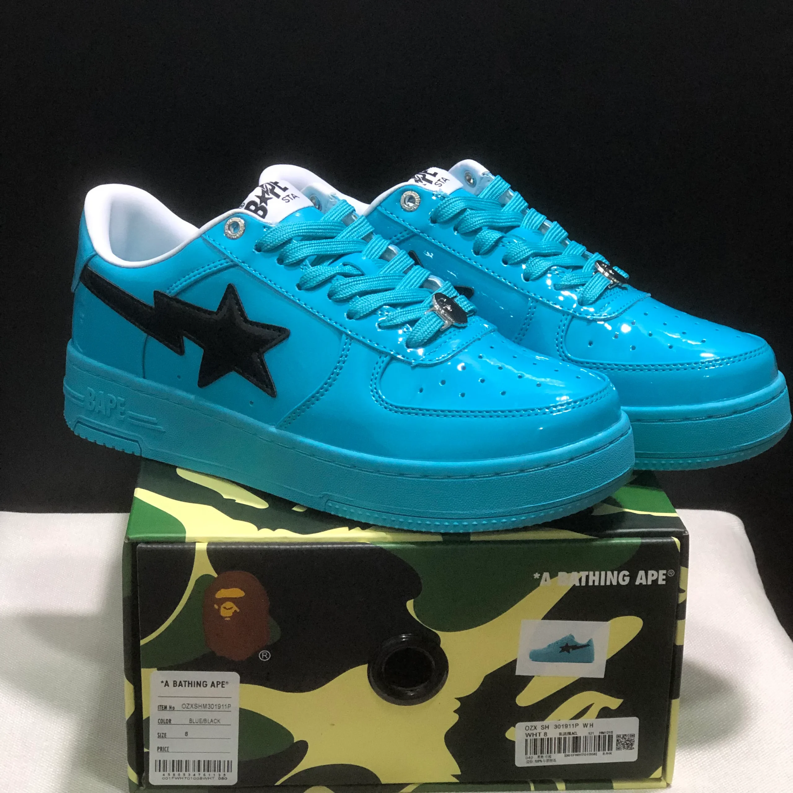 A Bathing Ape Bape Sta #1 Turquoise Blue Black Patent Leather Shoes Sneakers - nk0005515 - Image 10