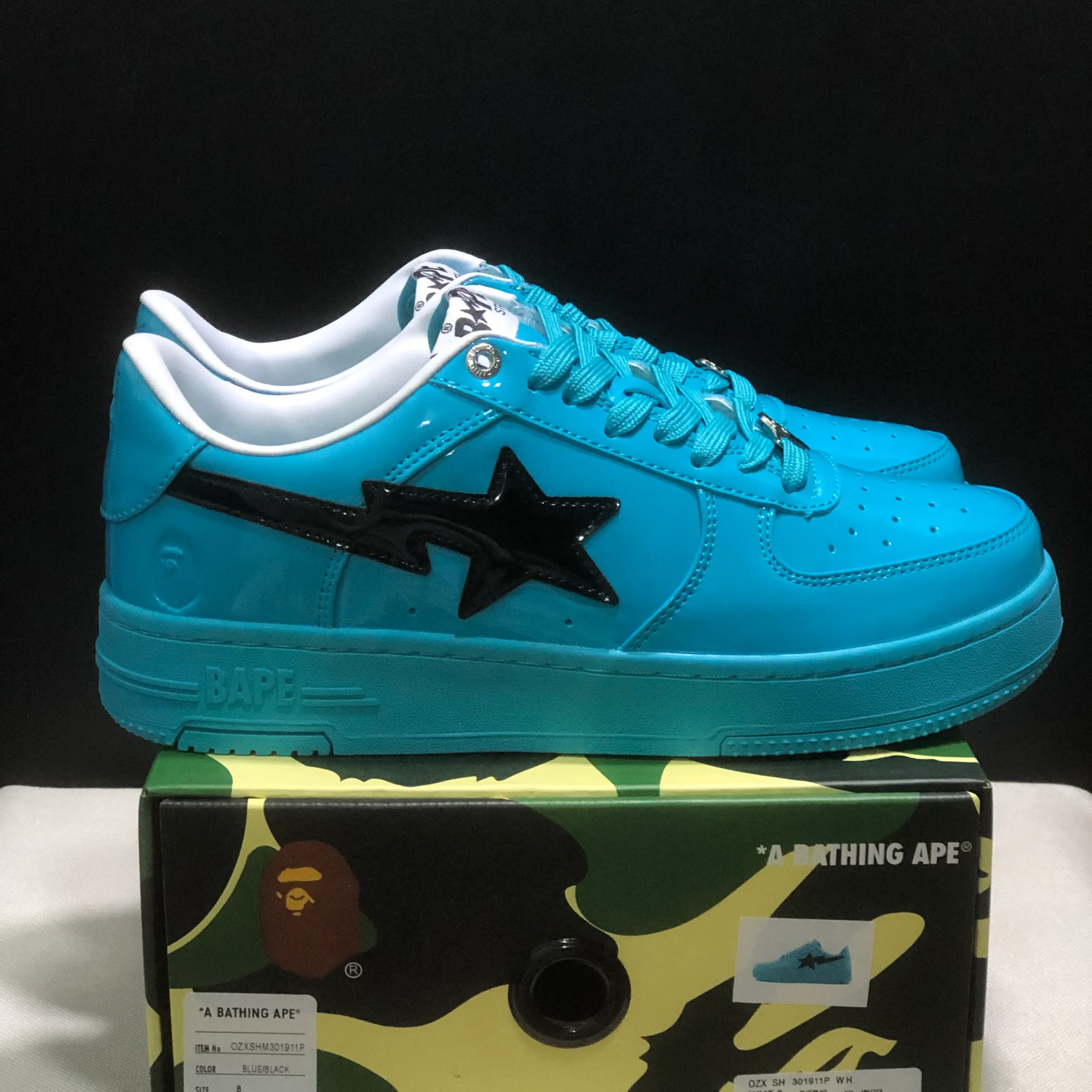 A Bathing Ape Bape Sta #1 Turquoise Blue Black Patent Leather Shoes Sneakers - nk0005515 - Image 3