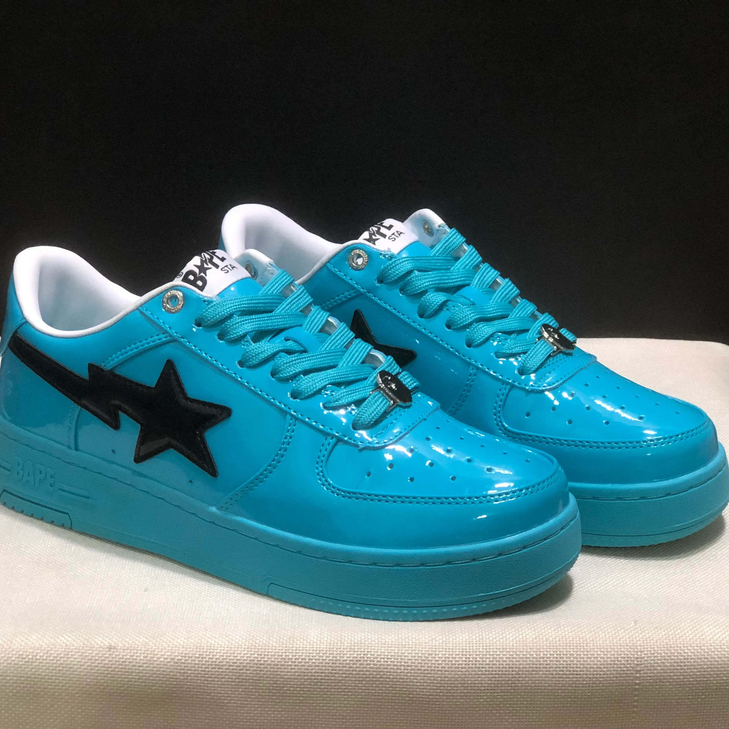 A Bathing Ape Bape Sta #1 Turquoise Blue Black Patent Leather Shoes Sneakers - nk0005515 - Image 6